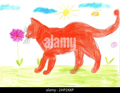 Enfants dessin chat. Dessin pour enfants avec chat rouge. Dessin pour enfants avec beau chat rouge dans le jardin d'été. Animaux de compagnie parmi les fleurs de champ. Puéril a Banque D'Images