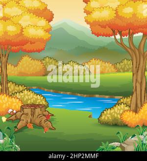 Paysage d'automne avec rivières et arbres Paysage d'automne avec rivières et arbres Illustration de Vecteur