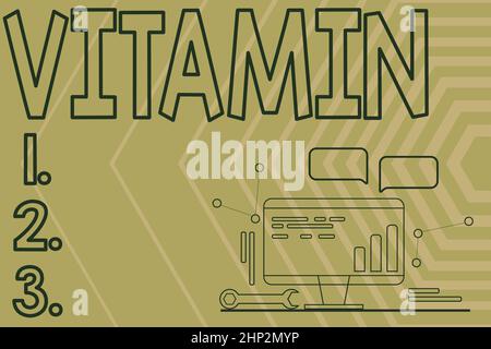 Texte montrant l'inspiration vitamine, mot écrit sur le groupe de composés organiques qui sont essentiels pour la croissance normale ordinateur Maintenance et réparation con Banque D'Images