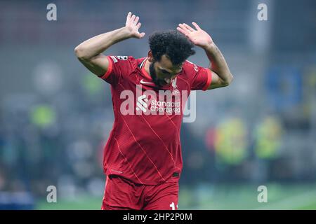 Milan, Italie. 16th févr. 2022. Mohamed Salah de Liverpool FC gestes lors du tournoi de la Ligue des champions de l'UEFA Tour of Sixteen Leg One match entre le FC Internazionale et le FC Liverpool au Stadio San Siro, Milan, Italie, le 16 février 2022. Credit: Giuseppe Maffia/Alay Live News Banque D'Images