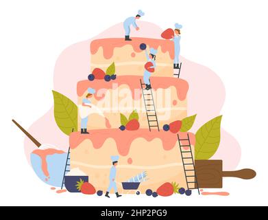Gâteau de cuisine pour les vacances, fête d'anniversaire. Équipe de petits chefs pâtissiers debout sur des échelles, faisant la décoration de crème, les gens tenant la fraise et la bougie Illustration de Vecteur