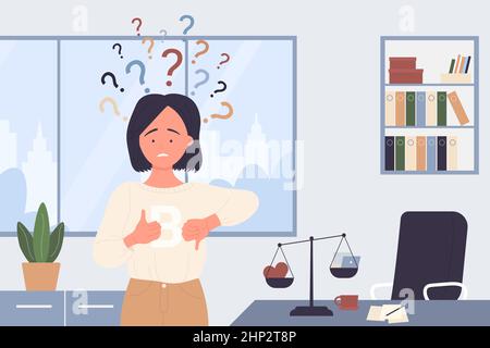 Confusion entre un employé triste et une illustration vectorielle des points d'interrogation. Caricature jeune femme debout sur le lieu de travail de bureau pour réfléchir au problème, aux affaires Illustration de Vecteur