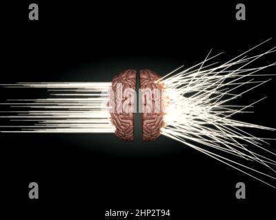 Un concept montrant des rayons de lumière sortant d'un cerveau humain avec la gauche représentant analytique et logique et la droite représentant dispersé et créatif - 3D R. Banque D'Images