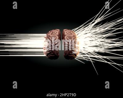 Un concept montrant des rayons de lumière sortant d'un cerveau humain avec la gauche représentant analytique et logique et la droite représentant dispersé et créatif - 3D R. Banque D'Images
