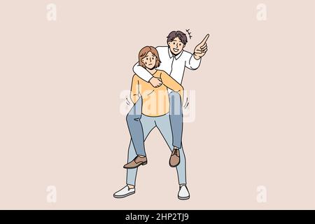 Transport lourd et concept de victime. Souriant homme d'affaires positif assis sur le dos jeune homme stressé se sentant trop de poids et de vecteur de pression illu Banque D'Images