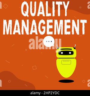 Légende de texte présentant la gestion de la qualité, l'idée d'affaires maintenir le niveau d'excellence Services de produit de haute norme Illustration du robot flottant mignon Banque D'Images