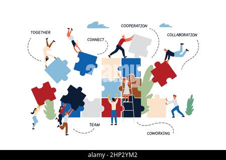 Concept d'entreprise du travail d'équipe, du coworking, du financement participatif, de la coopération et de la collaboration. Illustration de Vecteur