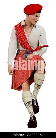 Rendu 3D d'un jeune highlander portant un écossais traditionnel kilt isolé sur fond blanc Banque D'Images