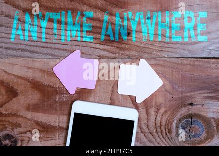 Affichage conceptuel n'importe quand n'importe où, photo conceptuelle disant que vous pouvez faire quelque chose à chaque endroit et moment Affichage de différentes couleurs autocollant non Banque D'Images