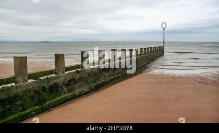 Ancienne structure en bois et en pierre recouverte d'épi d'algues vertes sur la plage de Portobello, marée basse mer du Nord dans le contexte, sur l'image. Édimbourg, S Banque D'Images