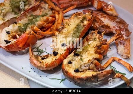 Homard grillé avec sauce à la truffe servi sur une assiette blanche. Banque D'Images
