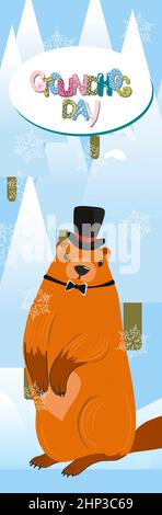 Joyeux jour de marmotte. Bannière verticale de marmottes.Lettrage de texte pour la carte de vœux.Illustration de dessin animé vectoriel.Jolie affiche de jour de marmotte comme un bois drôle Banque D'Images