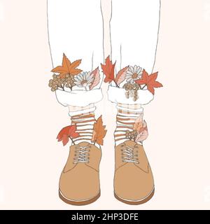 Illustration d'automne Vector. Pieds décorés de feuilles et de fleurs d'automne Illustration de Vecteur