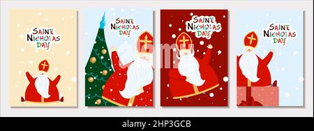 ensemble de cartes de vœux avec saint nicholas.Illustration vectorielle.Vacances norvégiennes. Banque D'Images