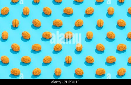 cerveau jaune sur fond bleu. pose à plat.3d rendu Banque D'Images