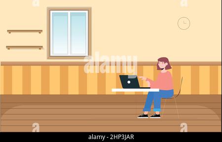 une femme travaille sur un ordinateur portable dans la chambre Illustration de Vecteur