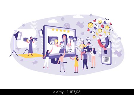 Business concept Blogging, Vlog, Publicité, marketing. Travail d'équipe les hommes d'affaires et célébrité avance du contenu ensemble Illustration de Vecteur