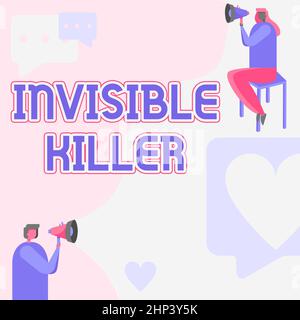 Affiche montrant invisible Killer, Business approche présence dans l'air d'une substance qui sont nuisibles Homme debout et femme assis les deux tenant Banque D'Images