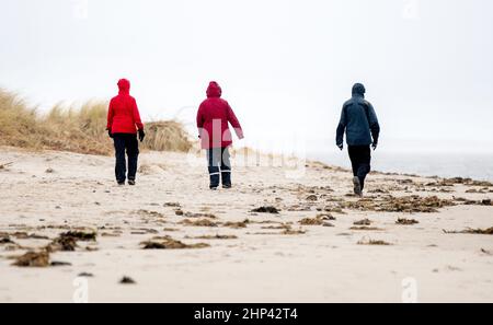 Schillig, Allemagne. 18th févr. 2022. Les marcheurs sont sur la plage par temps orageux. Après une courte hauteur intermédiaire, l'ouragan 'Zeynep' devrait traverser la Basse-Saxe depuis l'ouest au cours de la journée. Credit: Hauke-Christian Dittrich/dpa/Alay Live News Banque D'Images