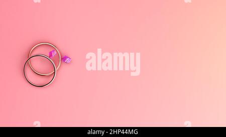 Deux anneaux d'or avec de belles pierres gemmes sur fond rose, illustration 3D Banque D'Images