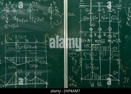 Planche avec craie. Les formules, les nombres et les graphiques avec dessins sont écrits sur le tableau avec de la craie. Géométrie et trigonométrie. École Banque D'Images