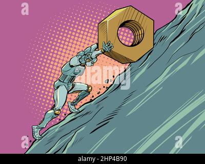 travail de sisyphean le robot roule la partie de l'écrou au sommet de la montagne.Pop Art Retro Vector Illustration Vintage kitsch 50s 60s style Banque D'Images