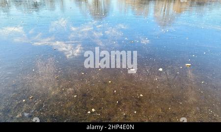 Vue sur le lac gelé avec reflet du ciel bleu par temps clair Banque D'Images