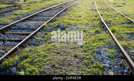 Anciennes voies de chemin de fer avec des traverses en bois qui disparaissent dans l'herbe, de multiples chemins Banque D'Images