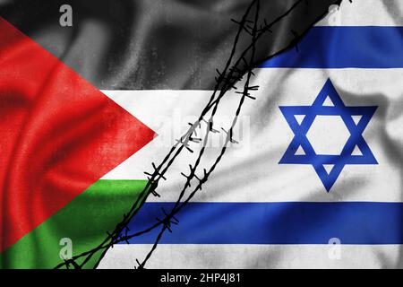 Grunge drapeaux de la Palestine et d'Israël divisé par l'illustration barbelée, concept de relations tendues entre la Palestine et Israël Banque D'Images