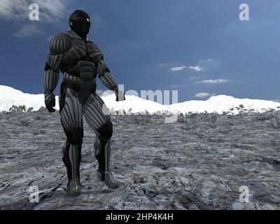 3D-illustration d'un combattant extraterrestre dans un nanosuit sur une planète extraterrestre bizare Banque D'Images