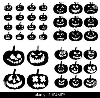 Pumpkins Smile sinistre silhouettes ensemble . Expressions du visage sculptées à la Jack-o-lanterne pour une carte d'halloween ou une invitation. Illustration vectorielle isolée sur fond blanc. Illustration de Vecteur