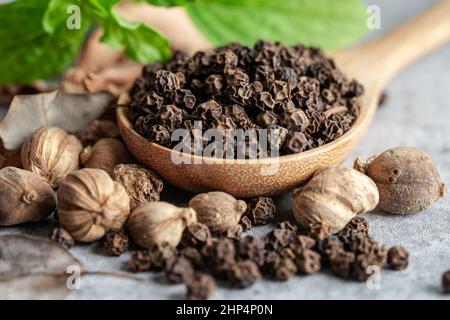 Poivre noir et cardamome de siam (Amomum krervanh Pierre), herbes d'épices séchées d'Asie pour la drogue et la cuisine thaïlandaise pour une bonne santé. Banque D'Images