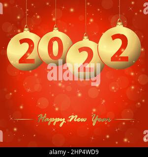 fond rouge avec des bulles de noël dorées et texte 2022 pour la nouvelle année Illustration de Vecteur