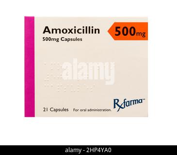 RX Farma Amoxicillin 500 mg antibiotiques capsules et emballage Banque D'Images