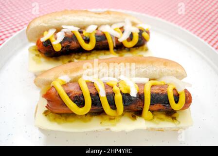 Hot dogs avec oignons, relish et moutarde sur une assiette Banque D'Images