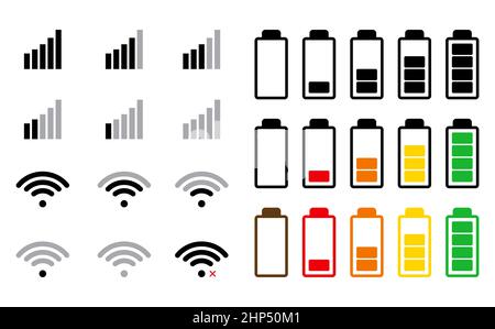 Icône de signal téléphonique et d'indicateur de batterie.Paramètres de l'interface du smartphone.Illustration vectorielle isolée sur blanc. Illustration de Vecteur