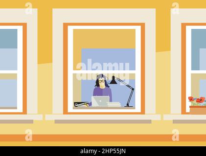 Jeune femme travaillant à la maison, illustration Illustration de Vecteur