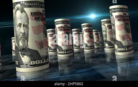 Illustration du rouleau d'argent cinquante dollars 3D. Billet de banque de 50 USD. Concept de finance, de trésorerie, de crise économique, de réussite commerciale, de récession, banque, impôt et dette Banque D'Images