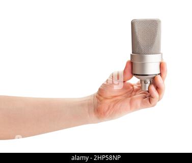 microphone à condensateur dans le passage de la main isolé sur blanc Banque D'Images