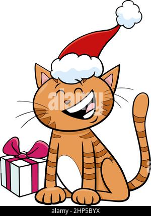 Dessin animé chat ou chaton avec cadeau à l'heure de Noël Illustration de Vecteur