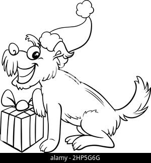 Joyeux chien avec cadeau sur la page de livre de coloriage de Noël Illustration de Vecteur