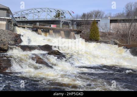 L'eau de la source lourde coule aux chutes Bracebridge, le long de la rivière Muskoka Banque D'Images