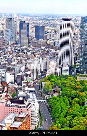 Vue aérienne sur le quartier de Shinjuku à l'ouest et le parc central de Shinjuku, Tokyo, Japon Banque D'Images