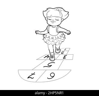 Coloriage livre fille en dentelle robe saut à jouer hopscotch. Illustration vectorielle de style dessin animé, lignes noires et blanches Illustration de Vecteur