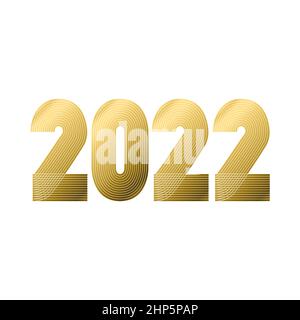 2022 Bonne Année. Arrière-plan de conception de couverture géométrique abstrait. illustration vectorielle de 2022 nombres en lignes fines et à rayures. Rapport annuel, bannière, brochure, étiquette, affiche. Couleurs jaune doré Illustration de Vecteur