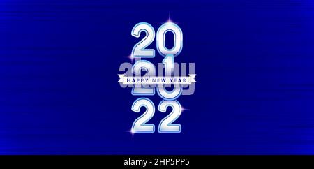 Joyeux nouvel an 2022 avec arrière-plans bleu foncé, numéro de police 2022 argent avec ruban, ruban argent nouvel an heureux, pour cartes de vœux, bannière, prospectus, impression, affiche avec modèle minimaliste Illustration de Vecteur