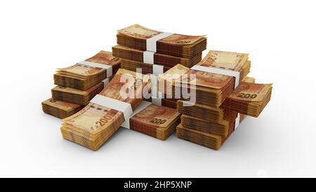 Pile de 200 notes sud-africaines Rand. 3D présentation de lots de billets Banque D'Images