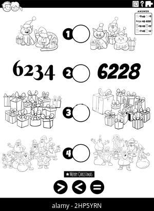 Plus ou moins de tâches avec les caractères de Noël coloriage de la page de livre Illustration de Vecteur