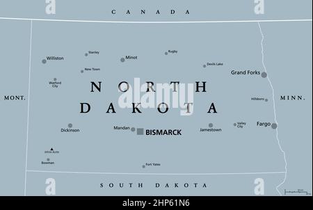 Dakota du Nord, ND, carte politique grise, état des États-Unis, état de Peace Garden Illustration de Vecteur