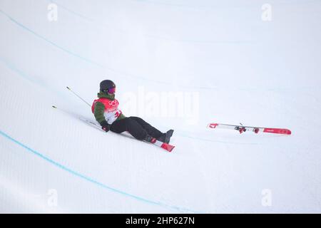Zhangjiakou, province chinoise du Hebei. 19th févr. 2022. Robin Bright, de Suisse, tombe lors de la finale de demi-pipe freeski pour hommes de ski acrobatique des Jeux Olympiques d'hiver de Beijing 2022 au parc de neige Genting à Zhangjiakou, dans la province de Hebei, au nord de la Chine, le 19 février 2022. Credit: Xue Yubin/Xinhua/Alay Live News Banque D'Images